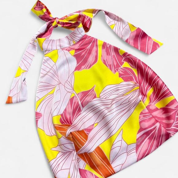 NWT Sigrid Olsen Pink & Yellow Satin Sleeveless Tie Back Cropped Halter Top S - Picture 6 of 7